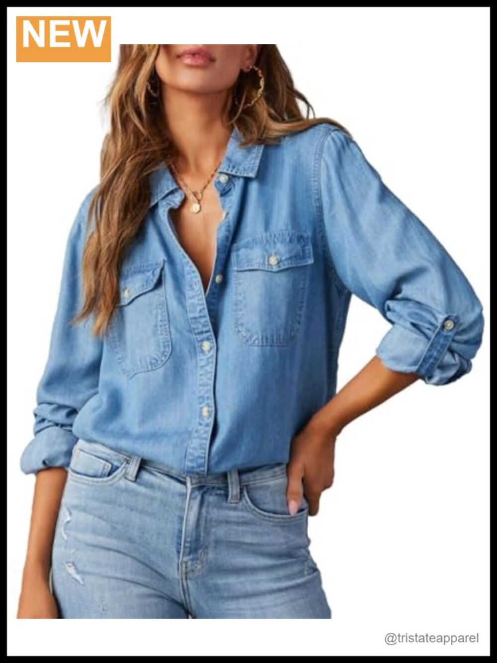 Long Sleeve Lapel V Neck Button Down Denim Blouse Shirt Classic Fitted Tops